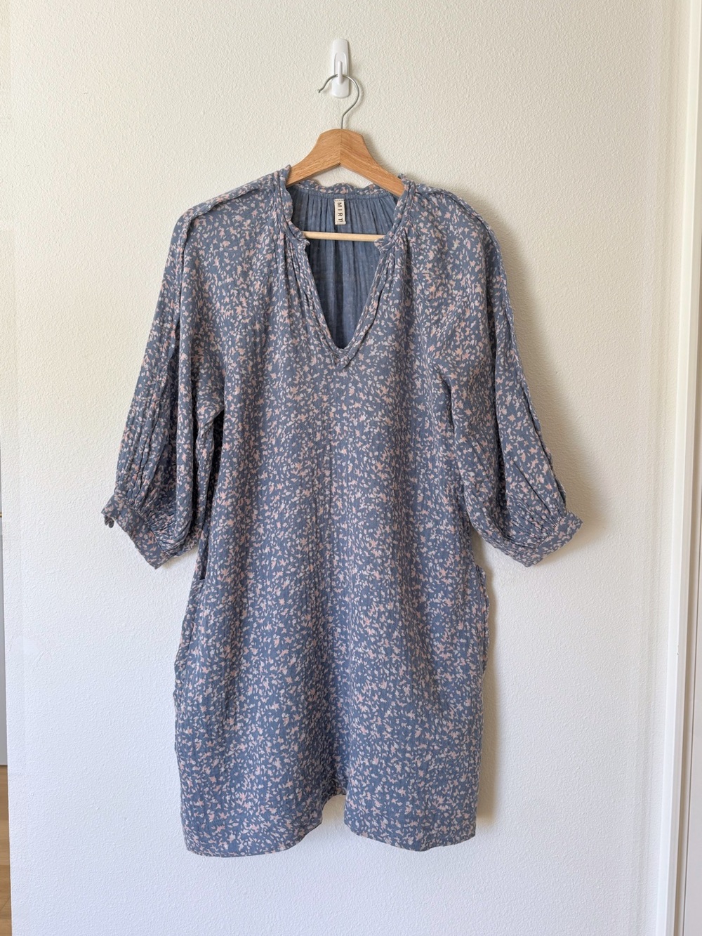 MIRTH Slate Blue and Pink Floral print cotton gauze dress with scallop detail Sm